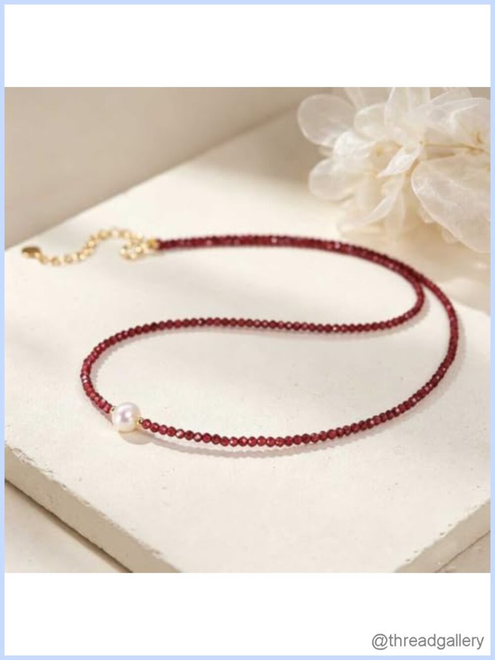 Garnet Bead Strand Necklace with Freshwater Pearl & Gold Lobster Clasp